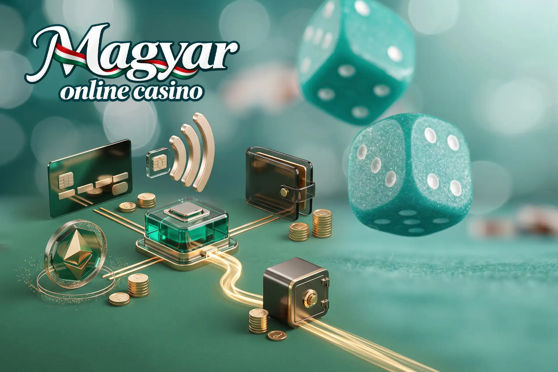 Fizetési módok a legkisebb online casino minimum befizetéshez, ábrázolva egy 3D hálózaton chippel, bankkártyával, kriptoérmével, tárcával és kis széffel.