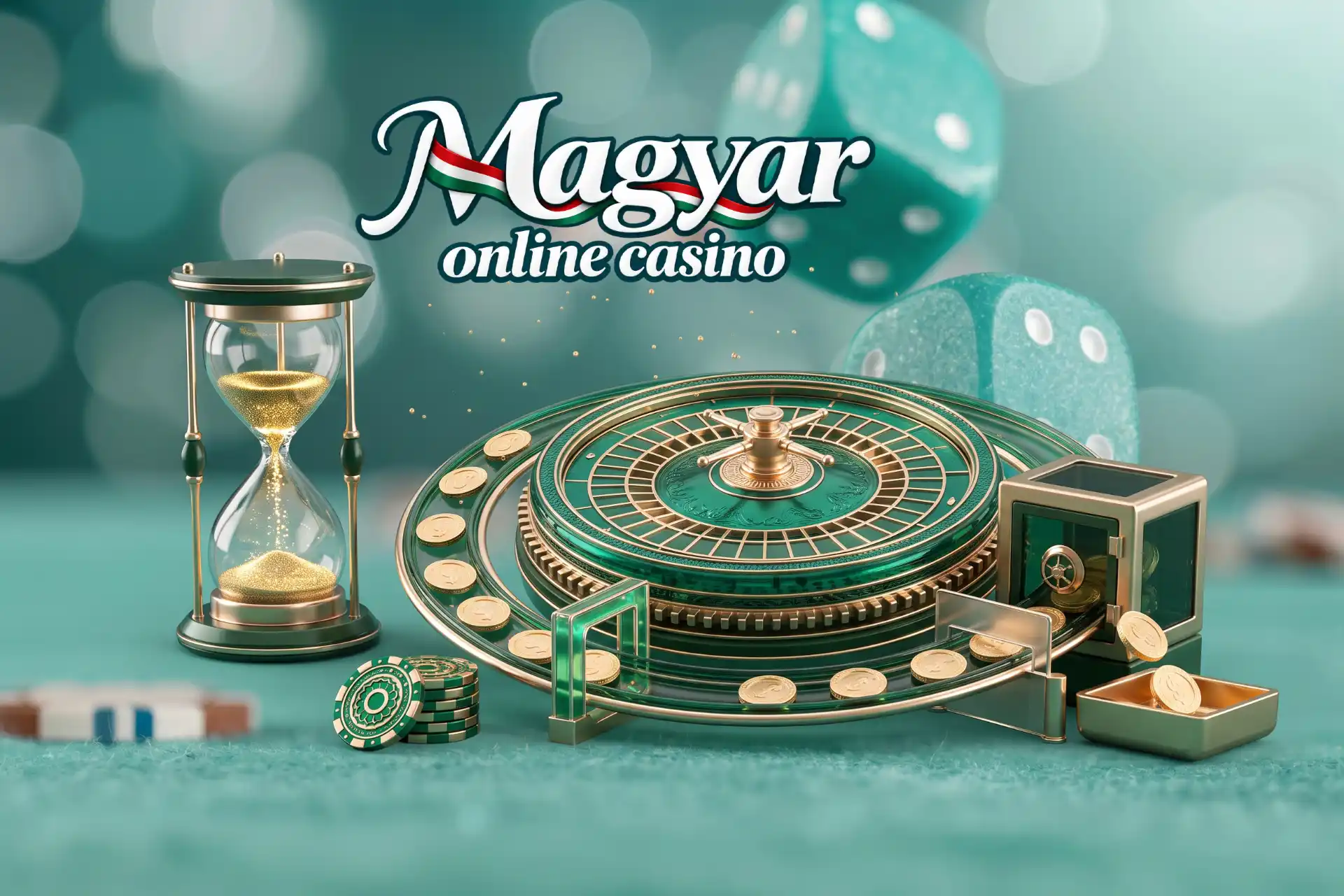Fontos bónusz feltételek a Magyar Online Casino oldalán, szemléltetve egy asztalon zöld rulettkerékkel, arany homokórával, kis széffel és zsetonokkal.