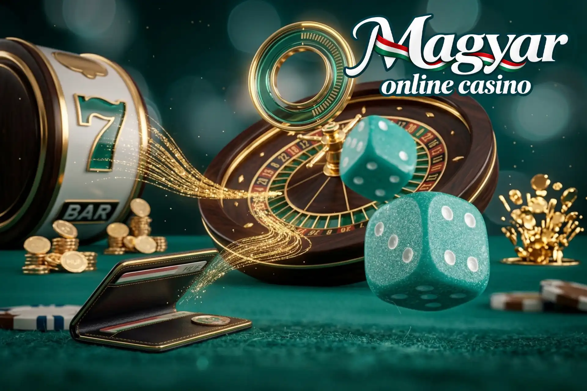 A legjobb kaszinó játékok RTP szerint a Magyar Online Casino oldalán, bemutatva egy asztalon arany rulettkerékkel, nyerőgéppel, magyar tárcával és kockákkal.