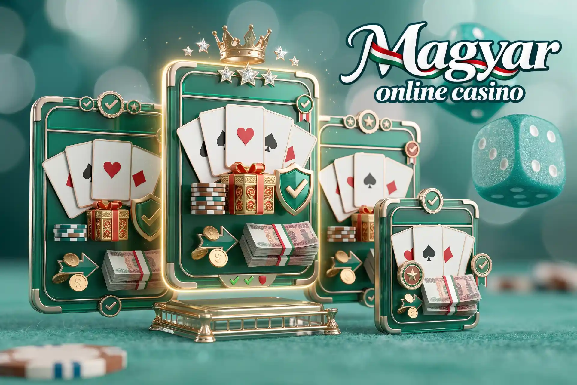 Megbízható online casino vélemények a Magyar Online Casino oldalán, prezentálva rangsoroló táblákon arany koronával, kártyákkal, forintkötegekkel és ajándékokkal.