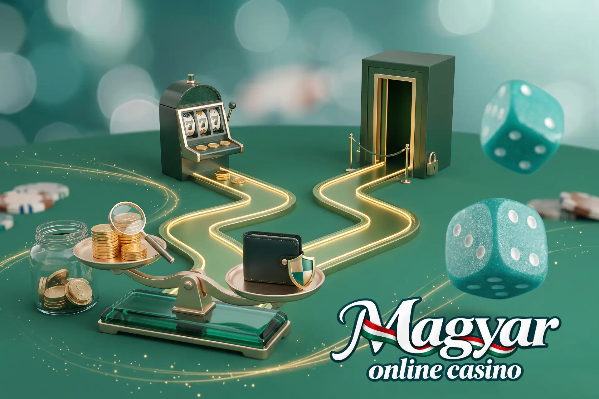 Mit jelent a minimális befizetés a Magyar Online Casino oldalán, bemutatva egy arany ösvényen mérleggel, érmékkel, védett tárcával, nyerőgéppel és széffel.
