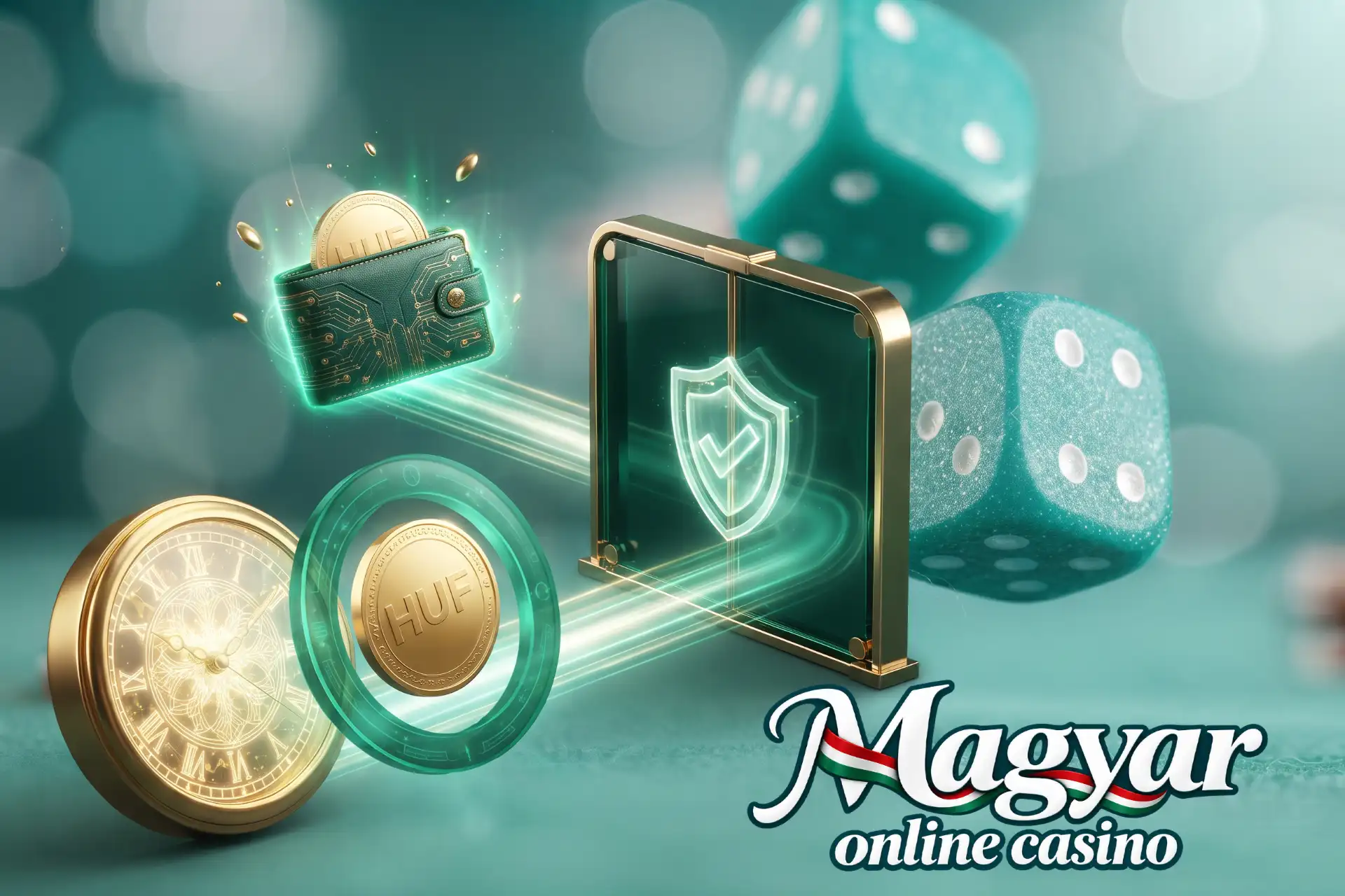 Mit jelent az online kaszinó azonnali kifizetés a Magyar Online Casino oldalán, szemléltetve egy biztonsági kapun zsebórával, digitális tárcával és HUF érmével.
