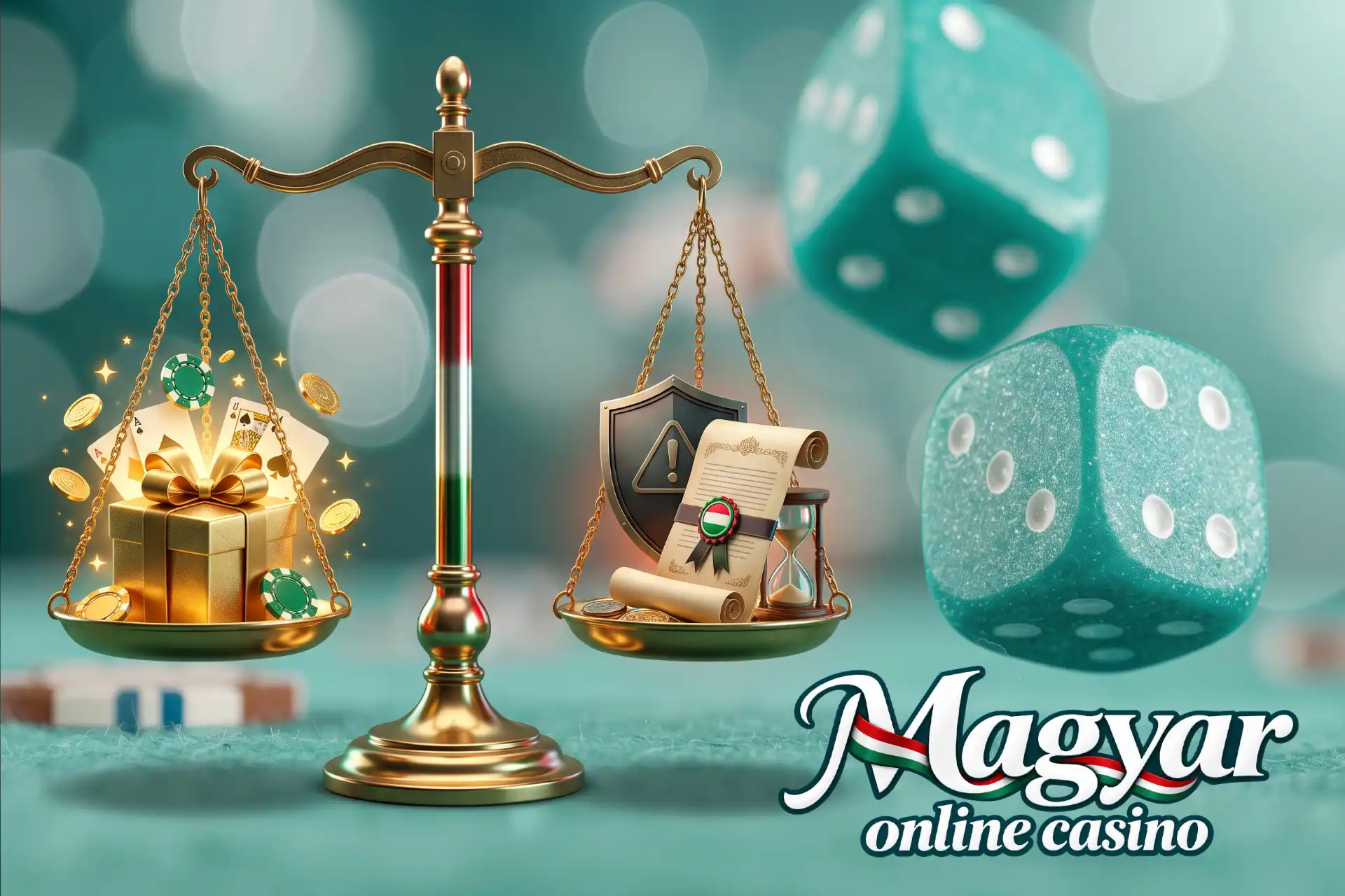 Mit nyersz és kockáztatsz külföldi oldalakon a Magyar Online Casino oldalán, bemutatva egy mérlegen ajándékkal, aranyérmékkel, veszélypajzzsal és homokórával.