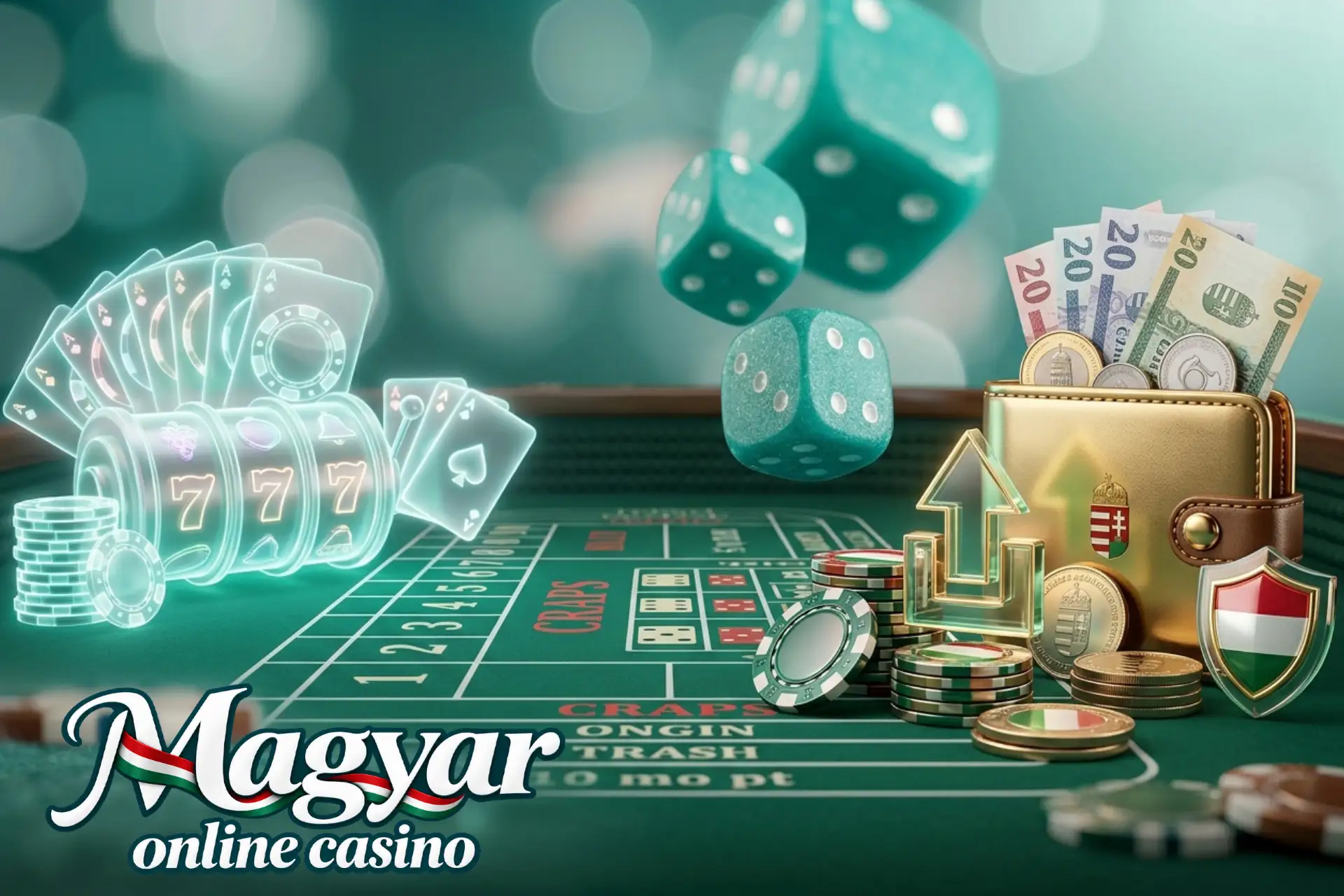 Ingyen vagy valódi pénzes kaszinó játékok a játékosoknak, szemléltetve egy craps asztalon neon nyerőgéppel, forintos tárcával, zsetonokkal és kockákkal.