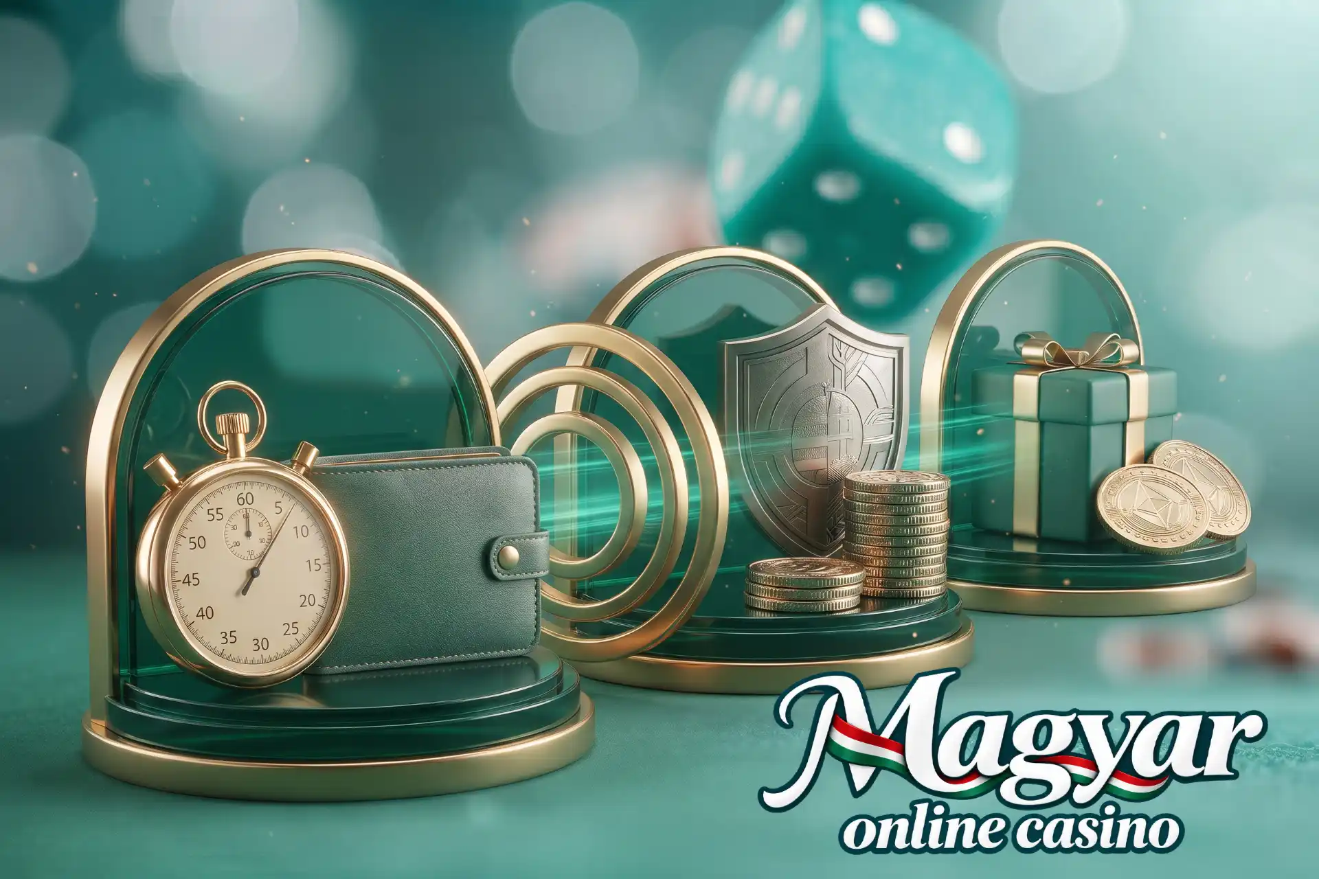 Azonnali kifizetésű online kaszinók részletesen a Magyar Online Casino oldalán, bemutatva három állványon stopperórával, tárcával, védőpajzzsal és ajándékdobozzal.