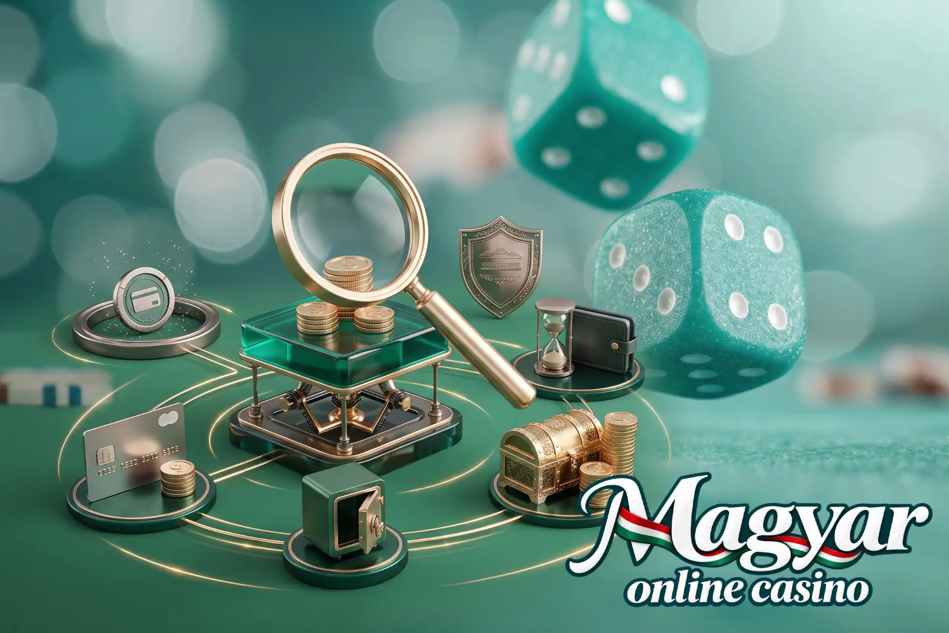 A minimum befizetéses oldalak kiválasztása a Magyar Online Casino oldalán, bemutatva egy 3D hálózaton nagyítóval, érmékkel, kártyával, széffel és kincsesládával.
