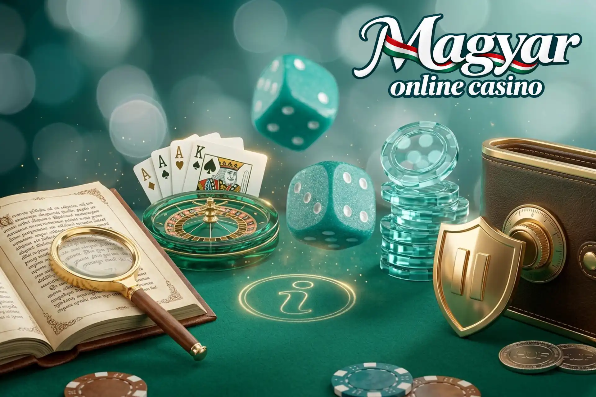 A kaszinó játék szabályai a Magyar Online Casino oldalán, bemutatva egy asztalon nyitott könyvvel, nagyítóval, üveg rulettel, kártyákkal és arany pajzzsal.