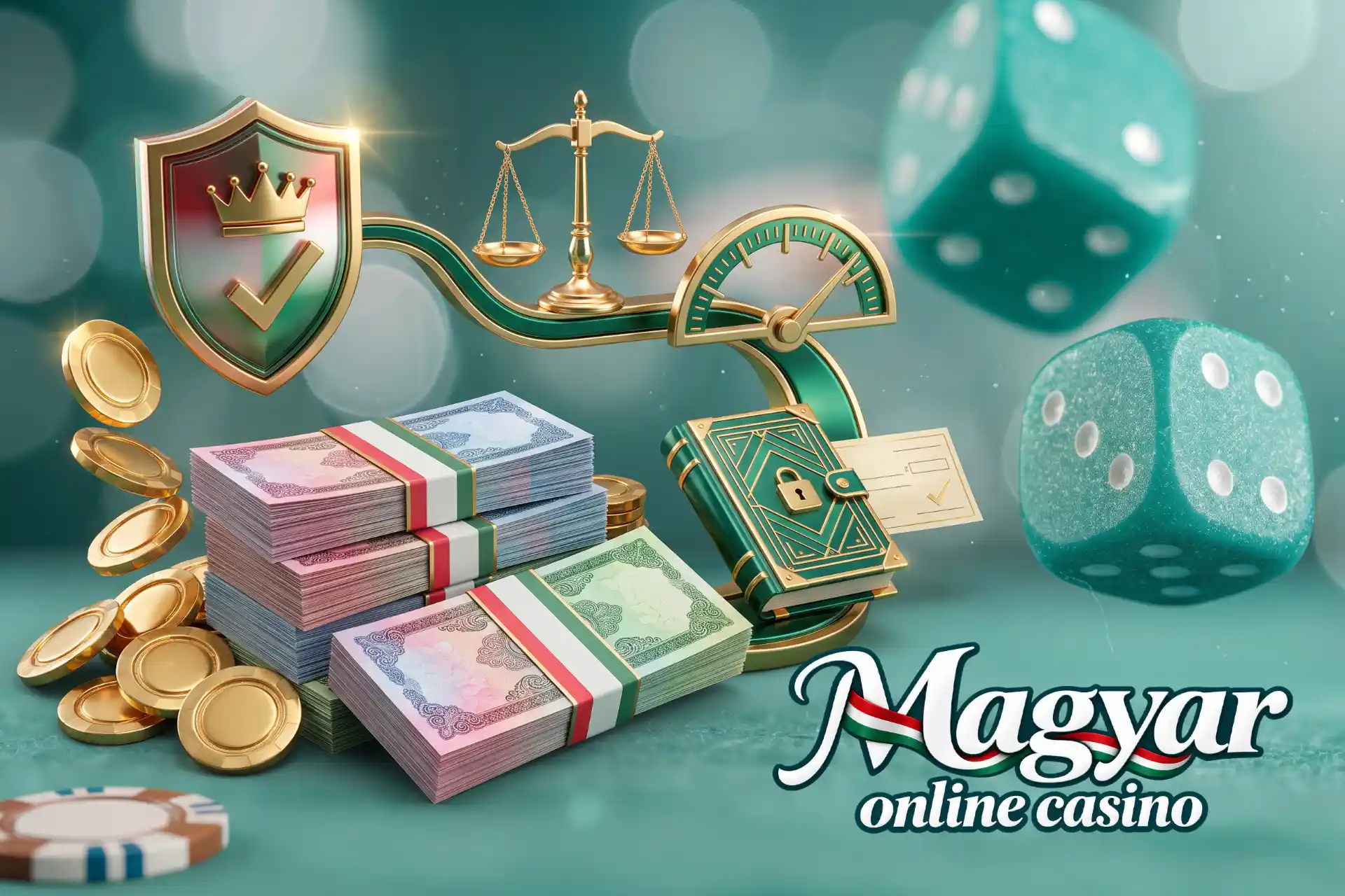 Útmutató kell-e adót fizetni a nyeremény után a Magyar Online Casino oldalán, ábrázolva egy kompozícióban arany mérleggel, forintkötegekkel és lakatos könyvvel.