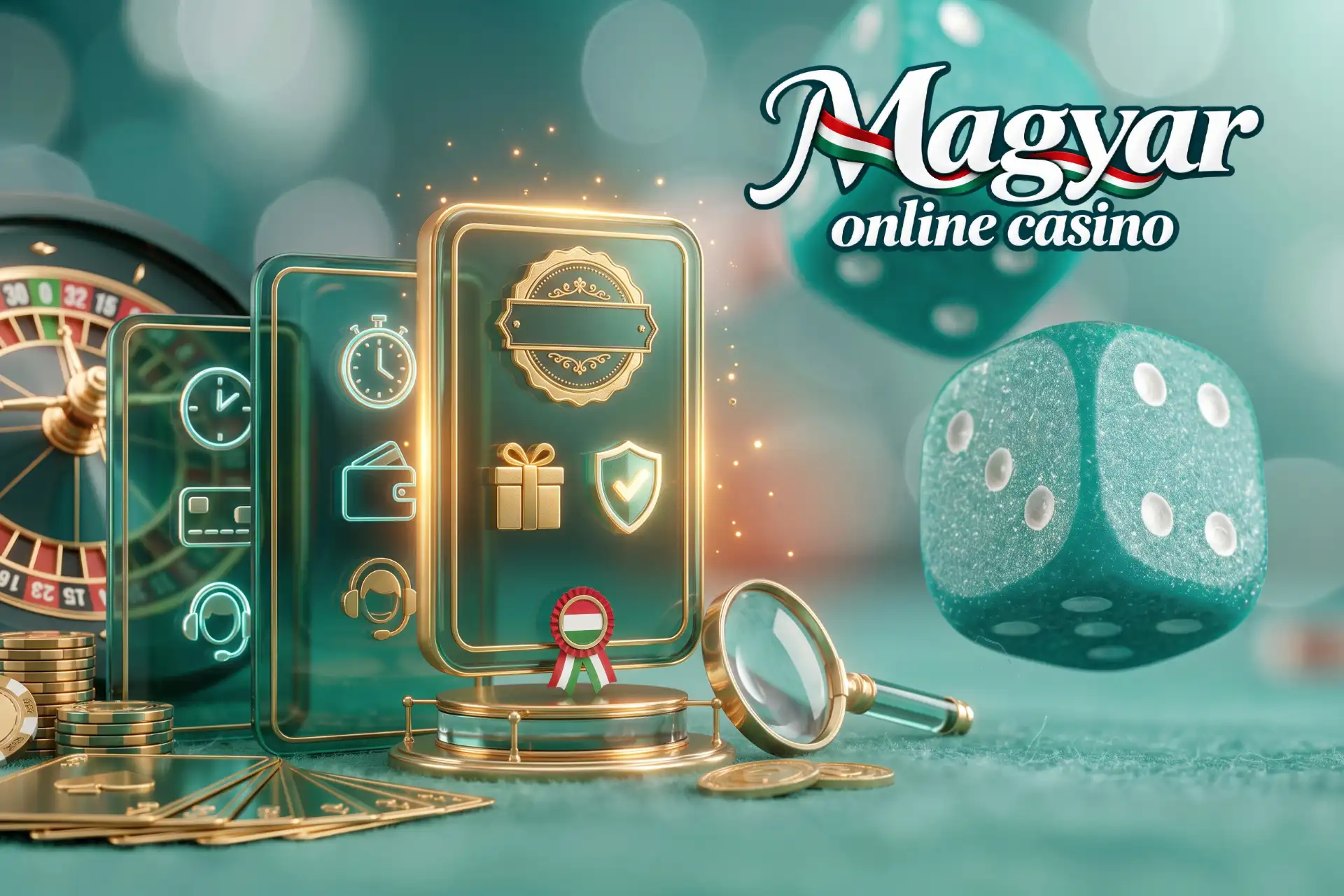 Külföldi online kaszinók értékelése a Magyar Online Casino oldalán, bemutatva egy rangsoroló kijelzőn arany nagyítóval, rulettel, kártyákkal és kokárdával.