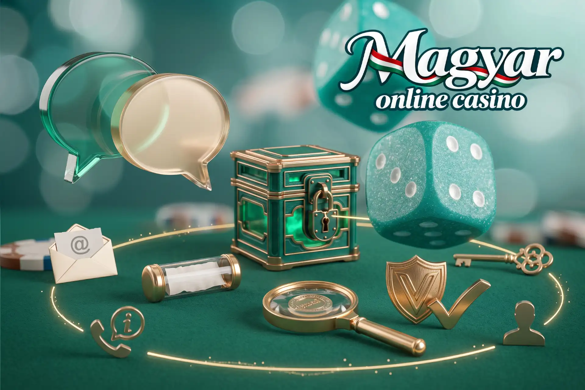 Mit tegyél ha nem jelent meg a bónusz a Magyar Online Casino oldalán, bemutatva egy segítő hálózattal lakatos ládával, csevegőbuborékkal, nagyítóval és kulccsal.