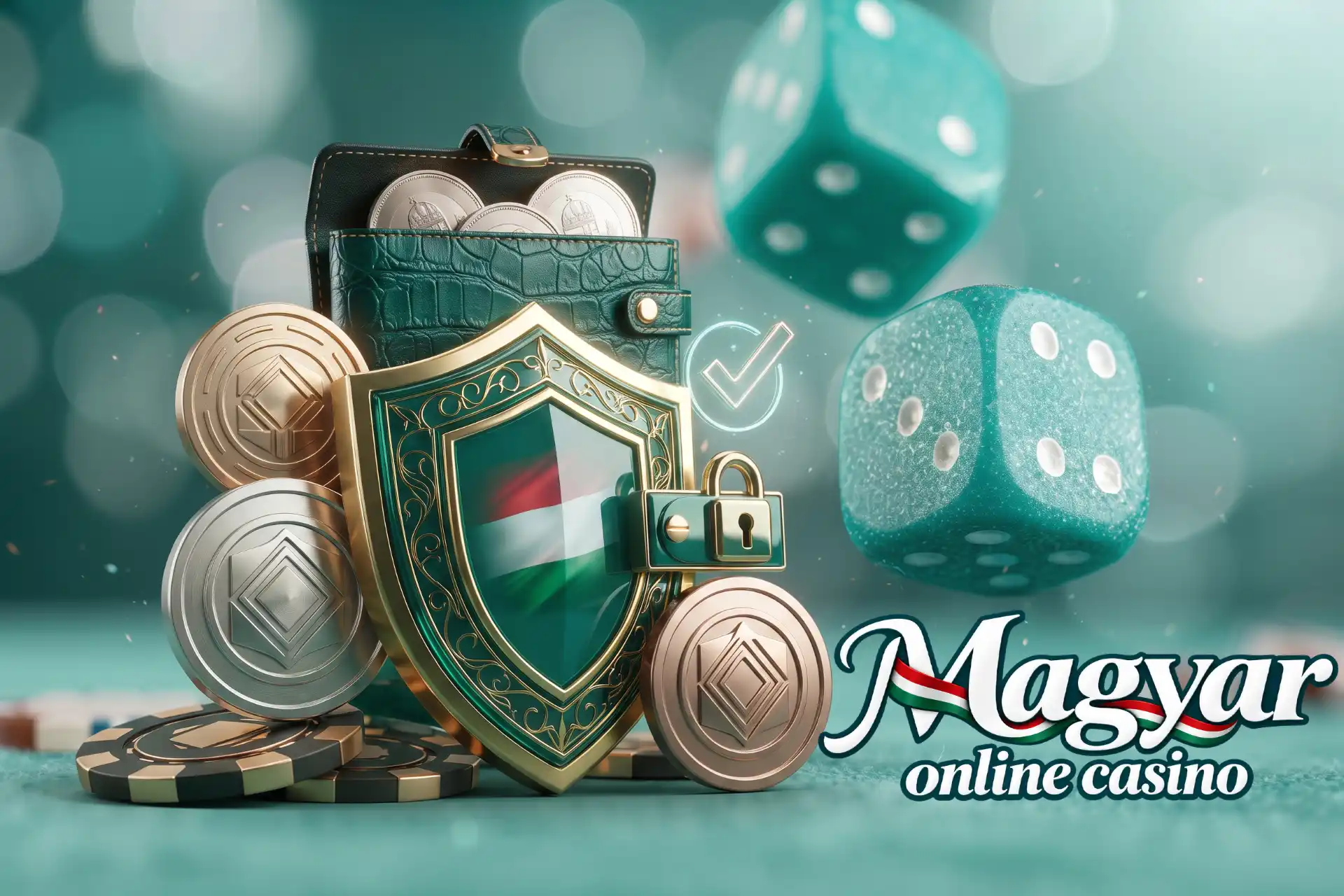 Hiteles licencek és biztonság röviden a játékosoknak, szemléltetve egy 3D kompozícióban magyar lakatos védőpajzzsal, bőrtárcával, érmékkel és kockákkal.
