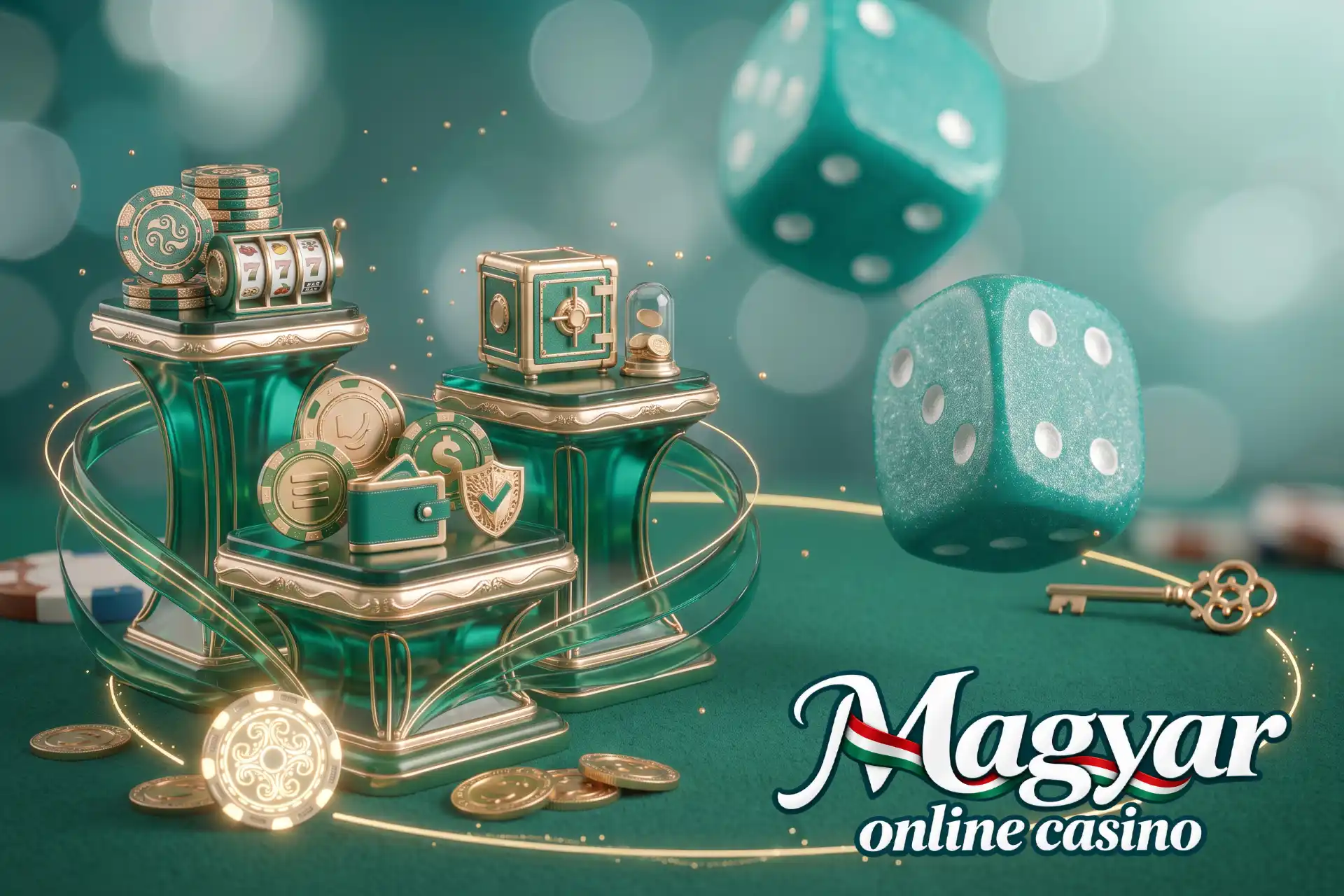 Befizetés nélküli bónuszok kaszinónként a Magyar Online Casino oldalán, bemutatva három állványon mini nyerőgéppel, zöld széffel, tárcával és kulccsal.