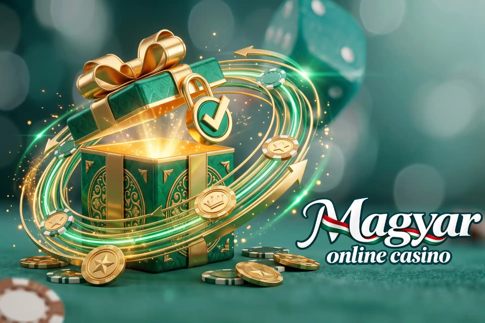 Fő bónuszok és megforgatási feltételek röviden a Magyar Online Casino oldalán, bemutatva egy díszdobozzal, pipás lakattal, arany nyílsávokkal és zsetonokkal.