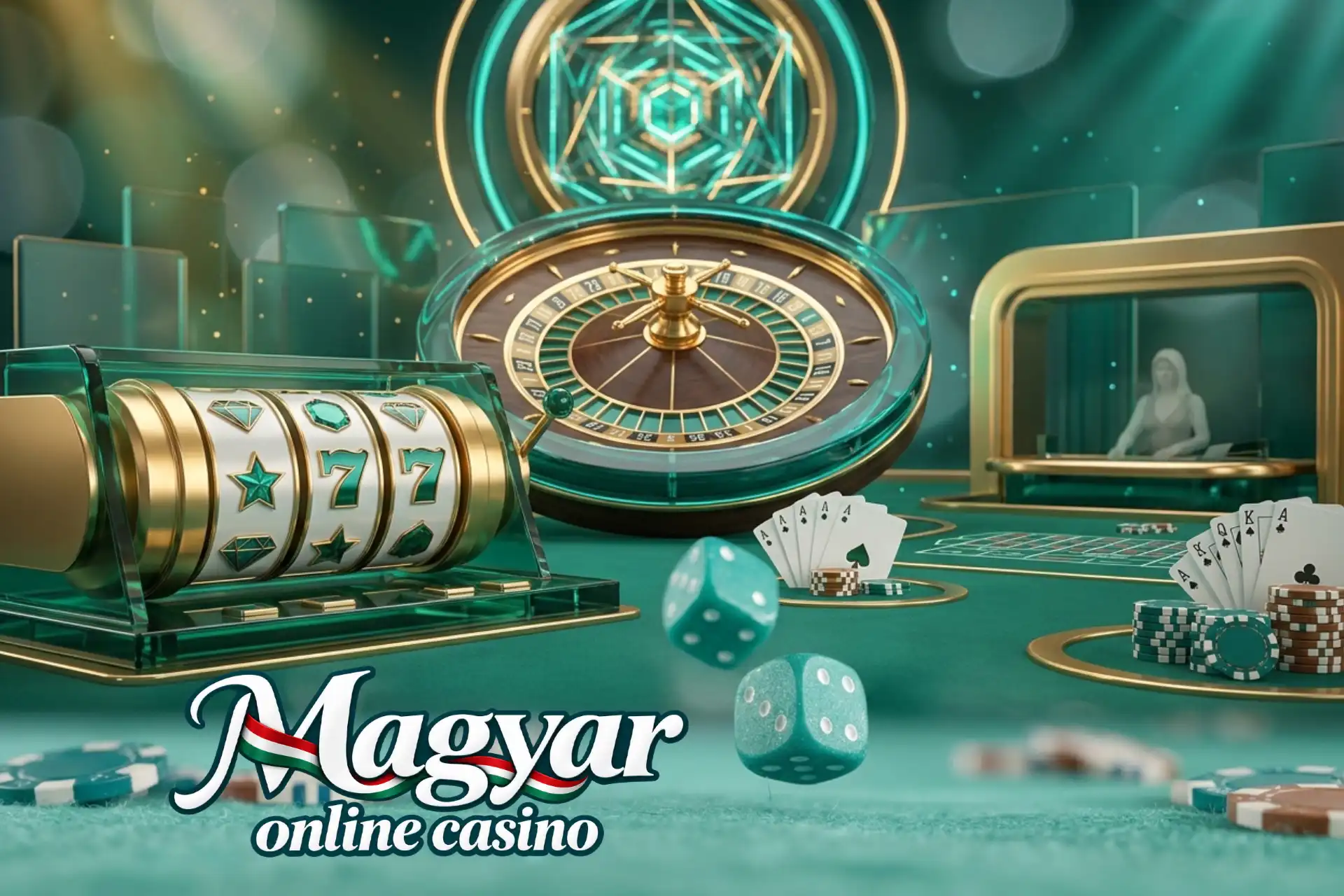 Kaszinók a legjobb játékkínálattal a Magyar Online Casino oldalán, bemutatva egy modern teremben üveg 777-es nyerőgéppel, rulettel, kártyákkal és kockákkal.