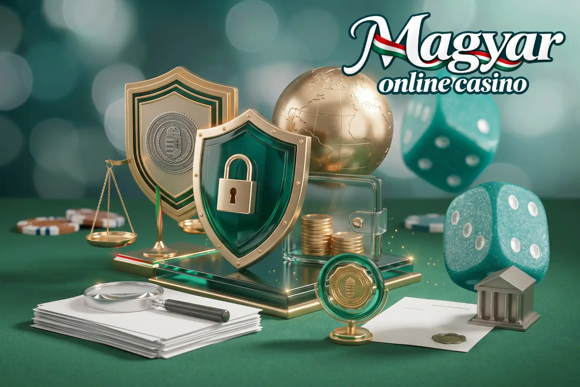 Hiteles licencek és biztonság röviden a Magyar Online Casino oldalán, bemutatva egy asztalon lakatos védőpajzzsal, földgömbbel, mérleggel és banképülettel.